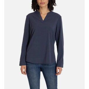 Rev3 Women's Hi Low Hem 4 way stretch V-Neck Top (Navy/Blue, X-Large)